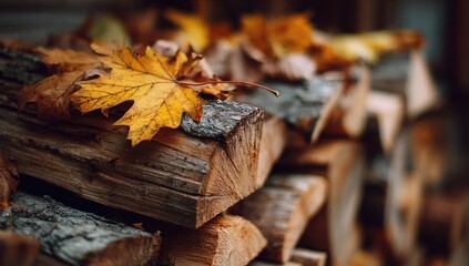 Autumn firewood stack with fallen leaves