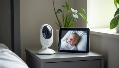 Close-up of the baby monitor screen showing a sleeping infant, placed next to a small indoor plant on a gray nightstand.