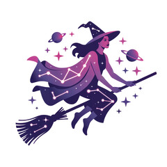 Halloween Witch Costume Flying on Broomstick, Magical Starry Night