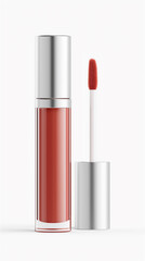 Obraz premium Red lip gloss in transparent tube with metallic cap placed on clean white background, representing beauty, fashion cosmetics and professional product mockup.