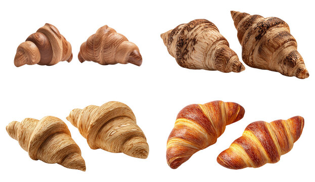 Four croissant isolated on transparent background, showcasing the flaky layers and goldenbrown crust of the delicious pastry