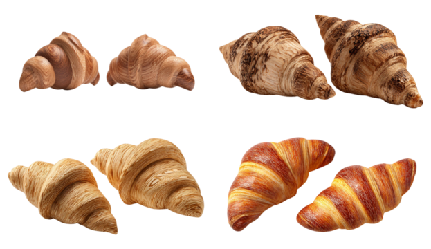 Four croissant isolated on transparent background, showcasing the flaky layers and goldenbrown crust of the delicious pastry