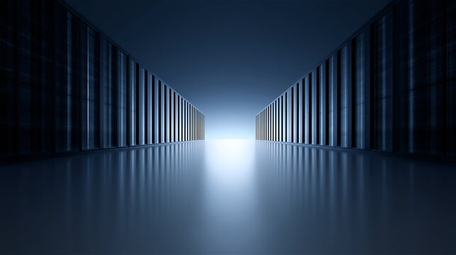 Futuristic dark data center with bright white light in background, concept of digital storage, cloud computing, cybersecurity and advanced technology progress.
