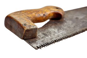 Weathered Hand Saw with Wooden Handle on Transparent Background
