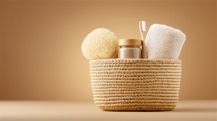 Natural bath accessories arranged in wicker basket on warm beige background, concept of spa, relaxation, skincare and eco lifestyle with space for copy space and commercial mockup use.