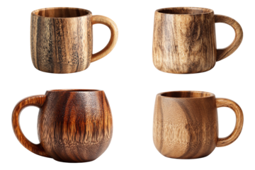 Four wooden mugs isolated on transparent background, each with a unique texture and design, perfect for enjoying your favorite beverage