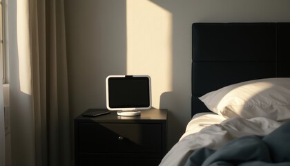 Minimalist scene with baby monitor centered on a matte black nightstand under cool directional morning light.
