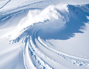 Snow wave formation in mountain landscape with ski tracks and shadows