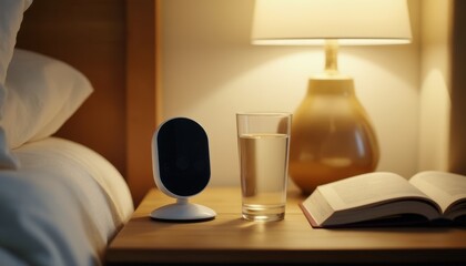 Close-up of a baby monitor on a wooden nightstand next to a glass of water and a book, soft warm bedside lamp lighting.
