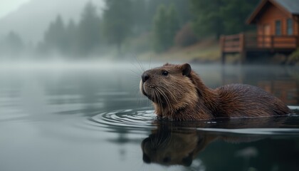 Close-up side view of a beaver swimming with ripples trailing behind, wooden lodge structure in soft focus, early morning mist.