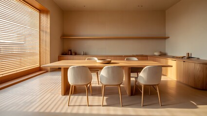 Warm modern dining area with natural light and wooden furniture
