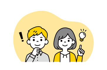 解決策を思いついた、笑顔の若い夫婦・カップルの上半身ビジネスイラスト素材＿ベクター