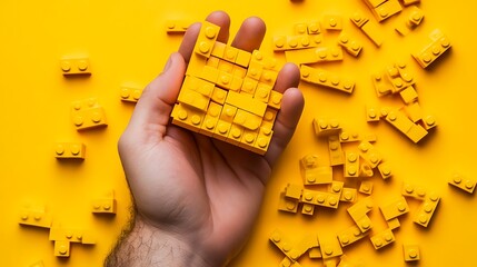 Hand building a structure with bright yellow plastic construction blocks on a vibrant yellow background