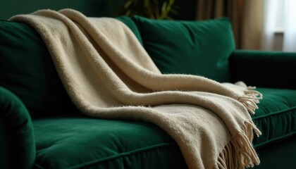 Diagonal side view of a wool blanket folded messily on a velvet emerald green couch, lit with moody backlight.