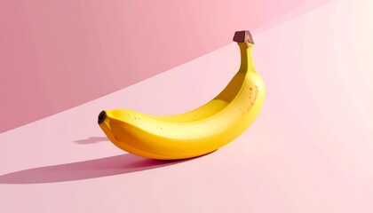A single ripe yellow banana casting a shadow on a vibrant, geometric pink background.