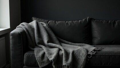 Monochrome scene with a black couch and gray wool blanket bunched across seat cushions, cold minimal ambient light.