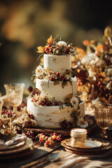 A rustic chic wedding cake in autumn theme