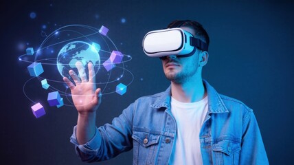 Man Immersed in Virtual Reality Exploring Digital World