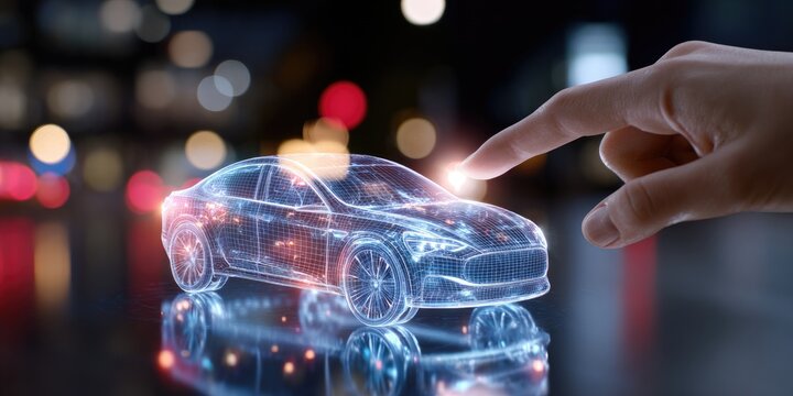 Futuristic car design, digitally rendered, with hand interaction