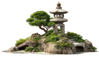 Miniature Asian-style landscape featuring a stone pagoda, bonsai, and rocky outcrop