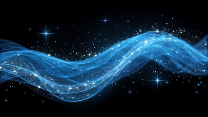 Fototapeta premium Abstract flowing blue wave of light particles and stars against a dark background