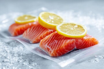 Fresh salmon fillets in plastic wrap