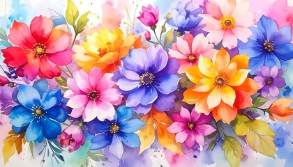 A vibrant watercolor painting depicting a close-up view of colorful flowers. 