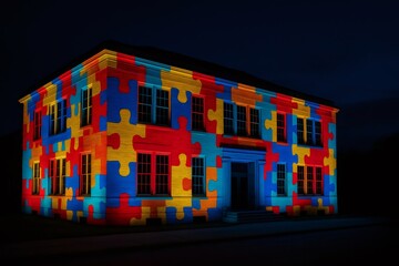 Building illuminated with colorful puzzle pieces representing autism awareness at night