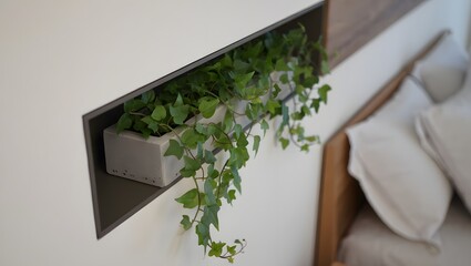 Modern built in planter with trailing green plant in a minimalist bedroom