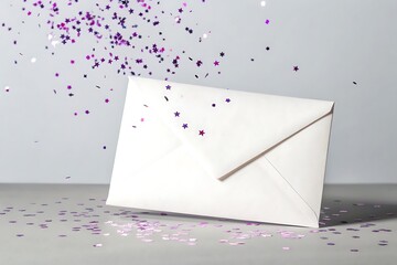 White envelope with purple glitter falling and scattered on a light gray background