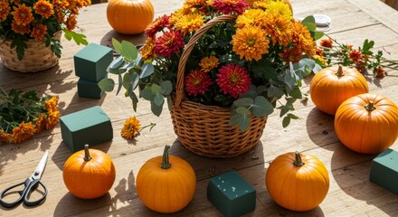 Basket with flowers and pumpkins on wooden table