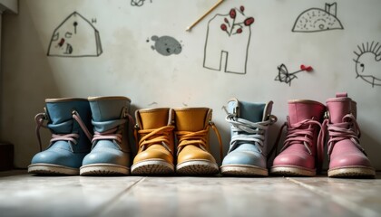 Children’s boots in playful colors lined beside a wall with doodles, natural light from a nearby window.