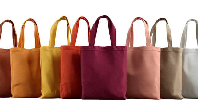 Row of colorful tote bags
