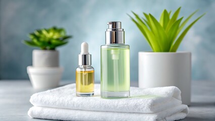 Luxury beauty serum bottles and essential oil with soft white towels and green plants