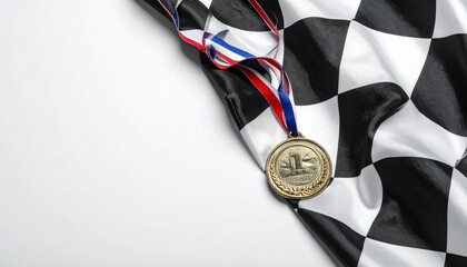 Checkered flag and medal on plain white background
