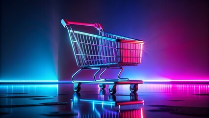Shopping Cart Illuminated by Neon Lights Representing Modern Retail and Consumerism in the Digital Age