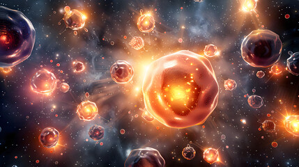 Cancer cell division, A glowing 3D illustration of cancerous cell division