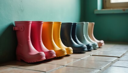 Close-up of children’s rain boots in bright colors lined up on a tiled floor next to a painted wall, diffused window light.