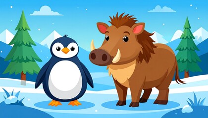 Cartoon illustration features a penguin and a warthog standing side-by-side against a snowy winter backdrop. Evergreen trees, distant mountains, and a light blue sky add to the cold environment