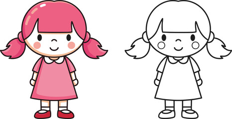 Cute Cartoon Doll Character with Lollipop, Pink Dress, and Buns for Children’s Design, Toy Branding, and Vector Illustration Use