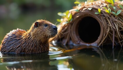 Close detail of a beaver’s wet fur texture as it swims beside a nest-like lodge, bright midday light.