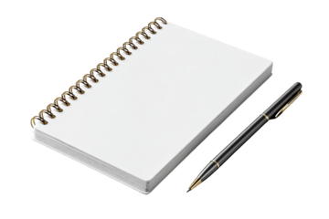 A blank spiral-bound notebook and pen