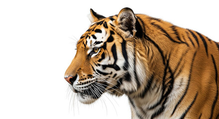 Fototapeta premium Profile view of a tiger with orange and black stripes against a white background looking to the left