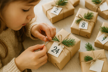 Child preparing christmas advent calendar with natural decorations for holiday craft project