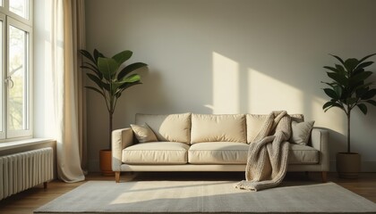 Wide shot of an empty living room with a chunky blanket piled on one end of the sofa, golden hour glow through sheer curtains.