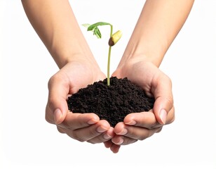 A hand holding wet soil with a young plant sprouting from it, symbolizing growth, nurturing, and new beginnings. A powerful image of nature and care