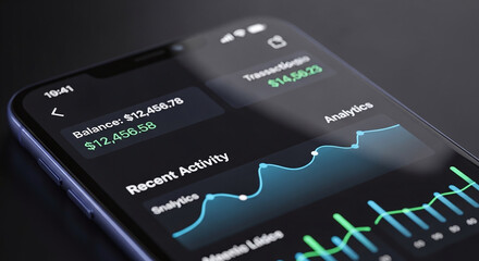 Close up of a smartphone displaying financial analytics and account balance information on the screen