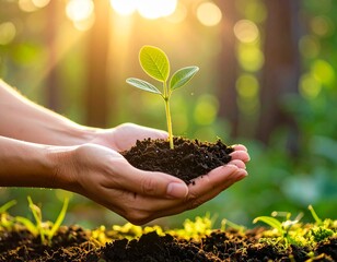 A hand holding wet soil with a young plant sprouting from it, symbolizing growth, nurturing, and new beginnings. A powerful image of nature and care