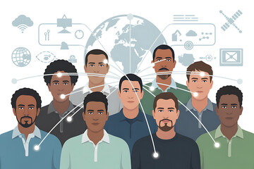 Diverse team connecting globally through innovative technology and communication networks, representing modern collaboration and digital progress.