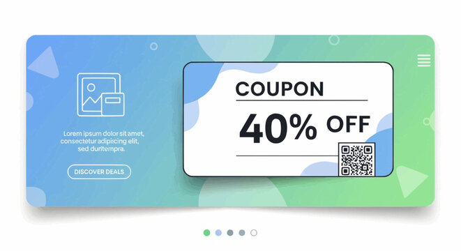 A modern digital coupon offering 40% off, presented on a gradient background with abstract shapes and a QR code for easy redemption.